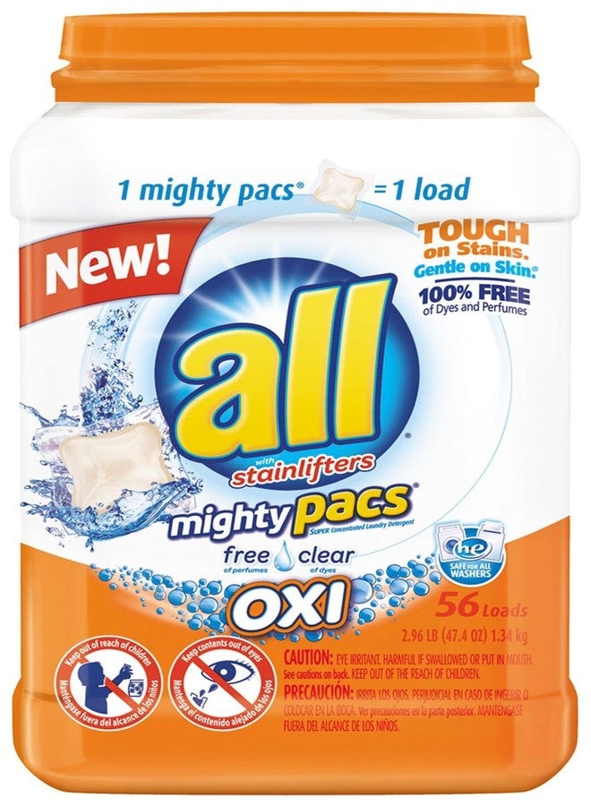 all Mighty Pacs Laundry Detergent with OXI Stain Removers and Whiteners, Free Clear, Pouch, 56 Count