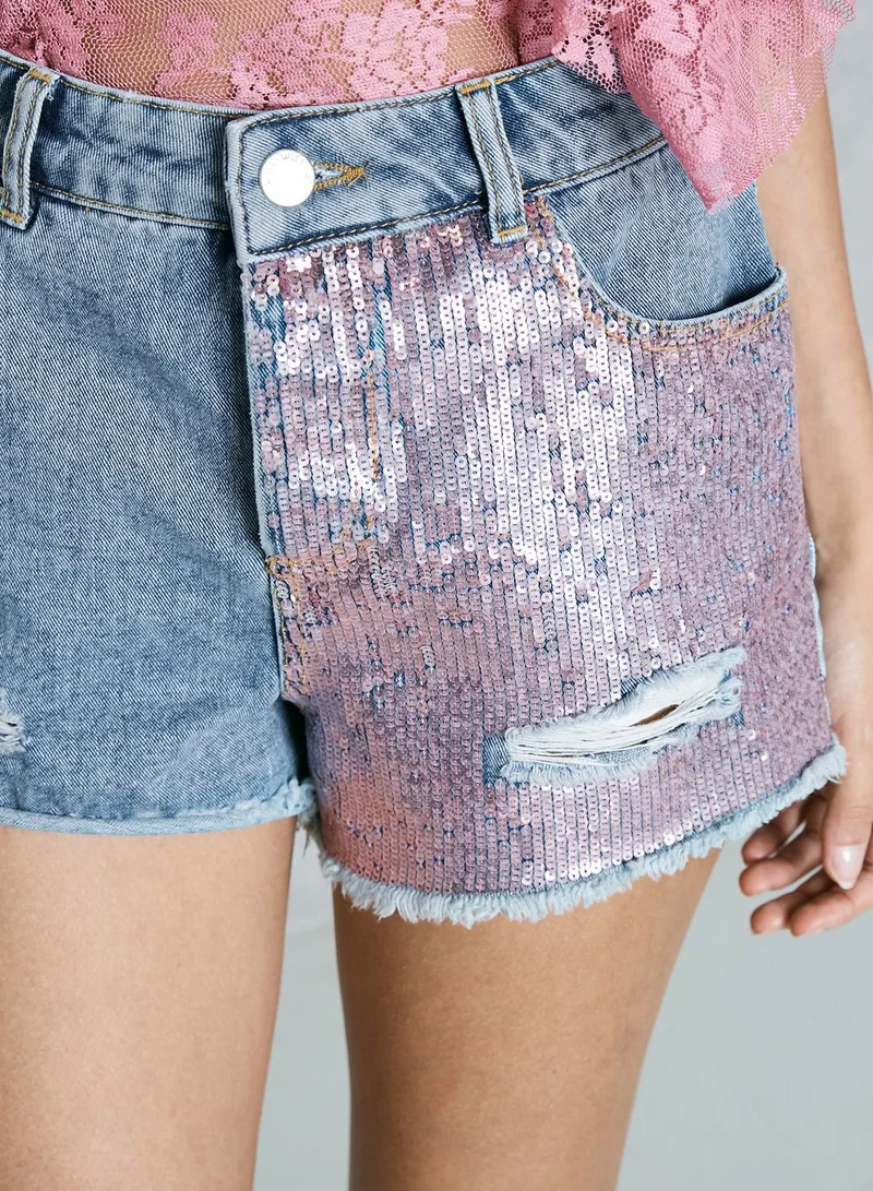 Miss Selfridge Sequin Denim Shorts