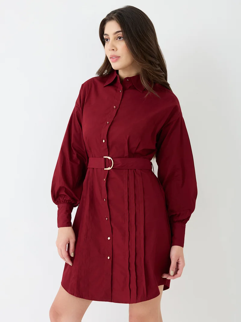 globus Globus Women Maroon Collared Neck Cuffed Sleeves Solid Pleated Mini Workwear Shirt Dress With D-Ring Belt
