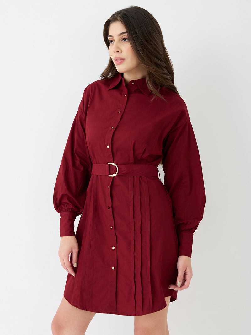 globus Globus Women Maroon Collared Neck Cuffed Sleeves Solid Pleated Mini Workwear Shirt Dress With D-Ring Belt - Image 2