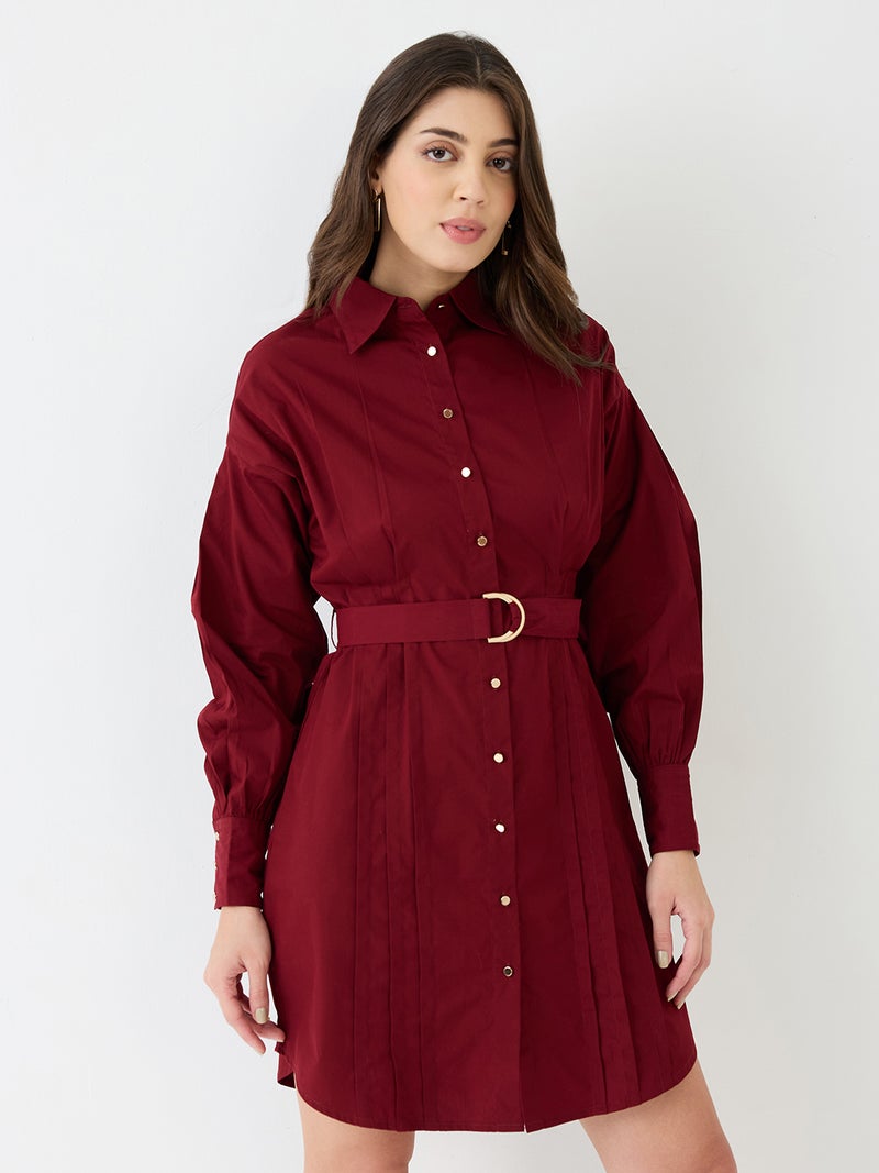 globus Globus Women Maroon Collared Neck Cuffed Sleeves Solid Pleated Mini Workwear Shirt Dress With D-Ring Belt - Image 1