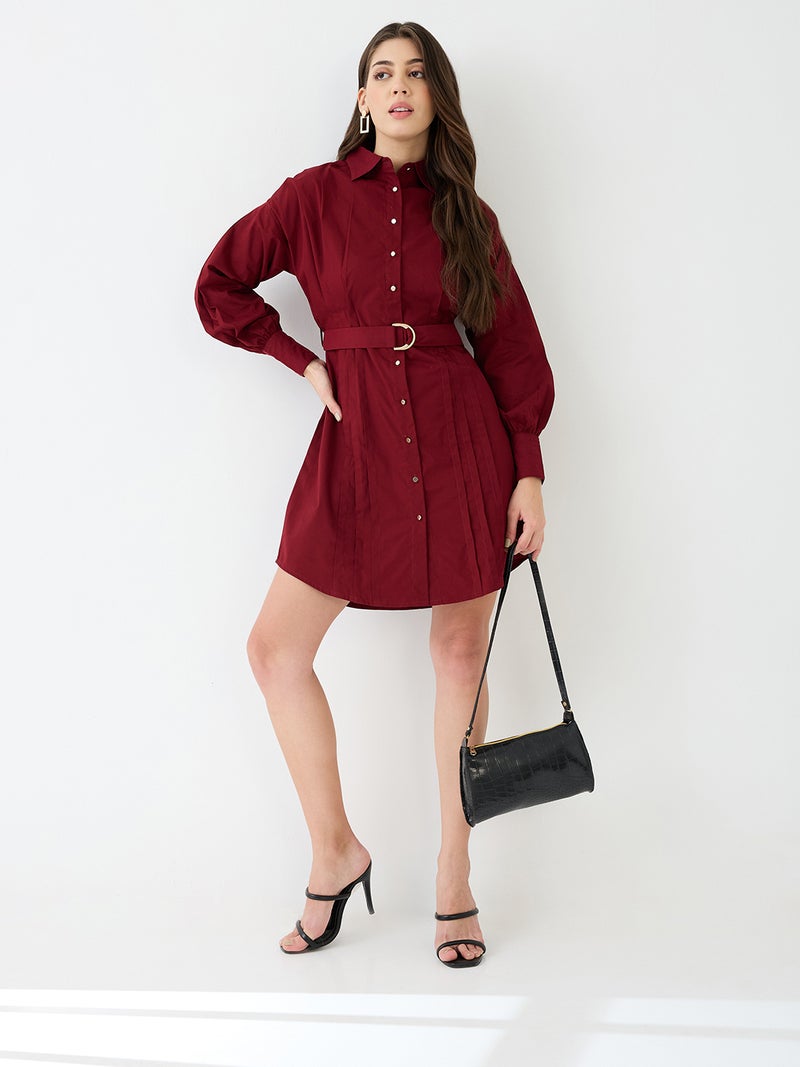 globus Globus Women Maroon Collared Neck Cuffed Sleeves Solid Pleated Mini Workwear Shirt Dress With D-Ring Belt - Image 5
