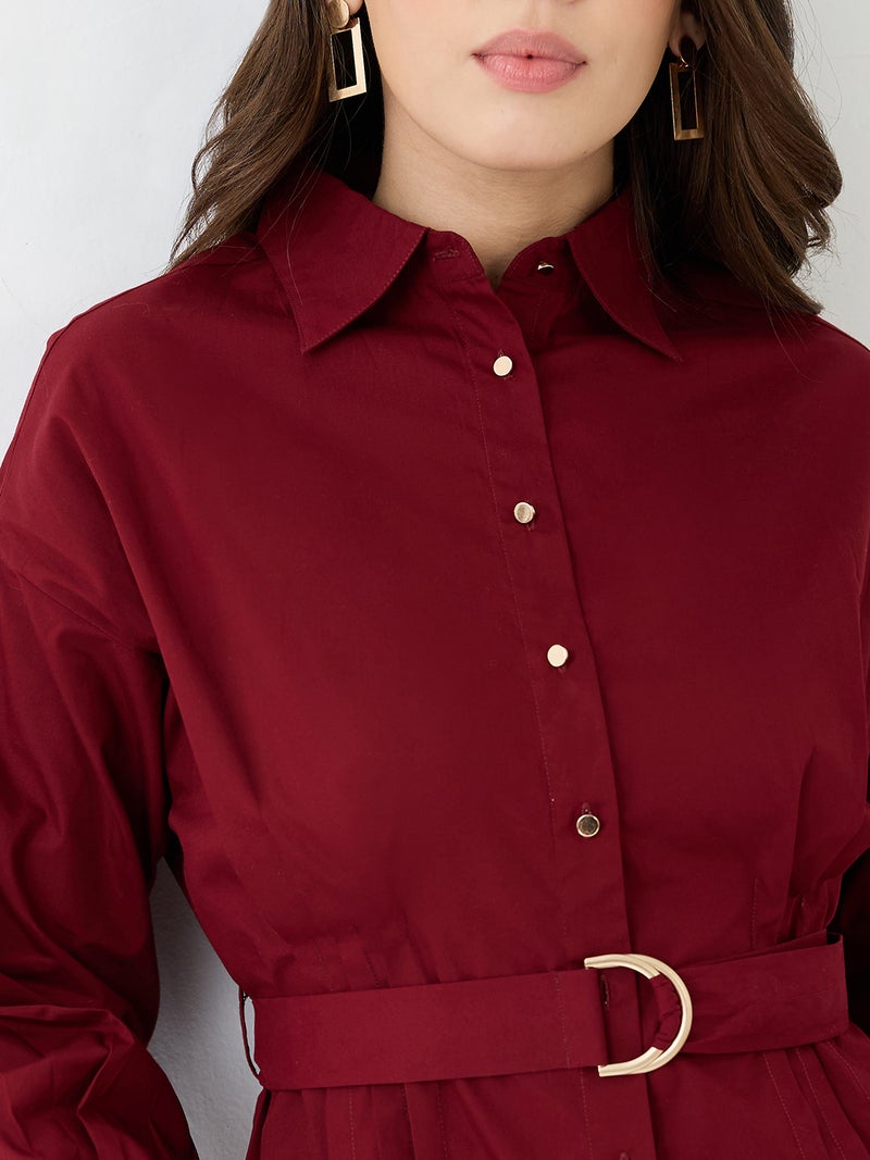 globus Globus Women Maroon Collared Neck Cuffed Sleeves Solid Pleated Mini Workwear Shirt Dress With D-Ring Belt - Image 4