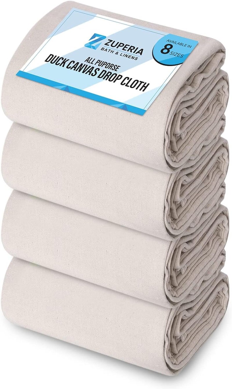 ZUPERIA زوبيريا قماش قماش للطلاء مقاس 4x5 قدم عبوة من 4 قماش قطن نقي لحماية الأثاث والأرضيات لجميع الأغراض قماش سميك مع حواف مخيطة مزدوجة