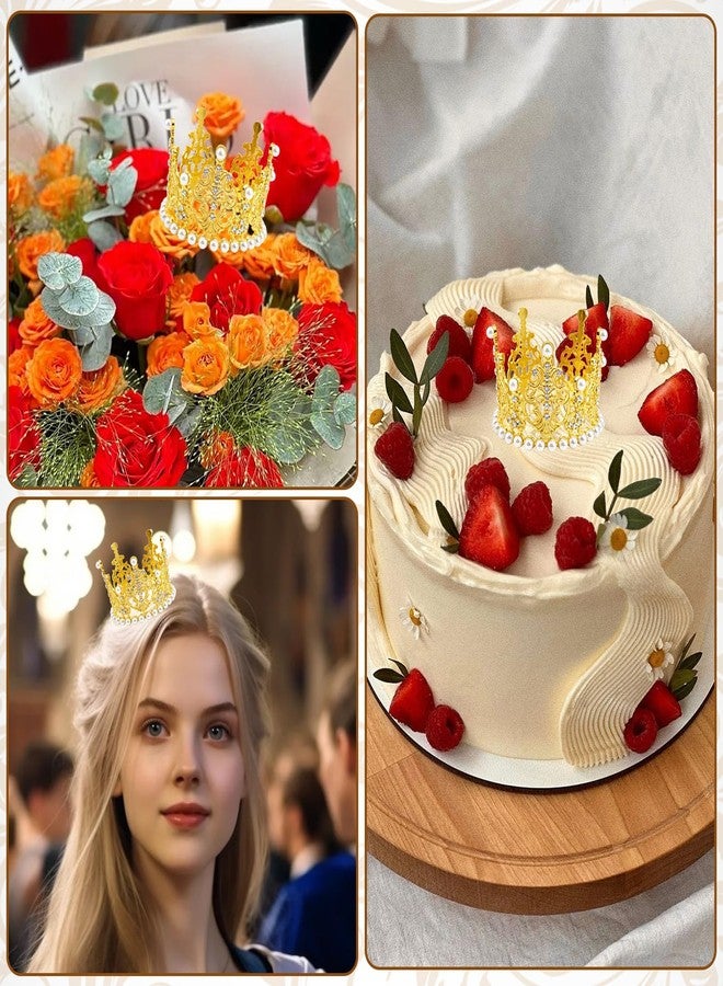 Foyods Mini Gold Crown Cake Topper - 4 Pcs Mini Crown Flower Arrangements Bouquet, Small Crystal Pearl Cupcake Toppers, Small Princess Crown Cup Cake Topper Decoration for Birthday, Wedding, Party - Image 4