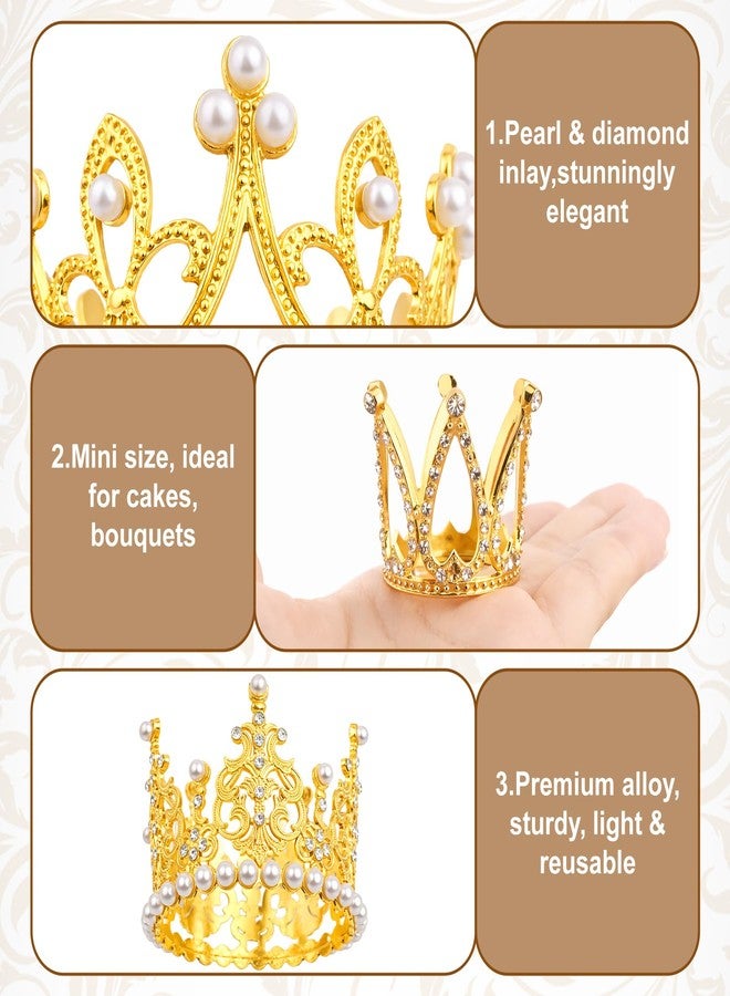 Foyods Mini Gold Crown Cake Topper - 4 Pcs Mini Crown Flower Arrangements Bouquet, Small Crystal Pearl Cupcake Toppers, Small Princess Crown Cup Cake Topper Decoration for Birthday, Wedding, Party - Image 3