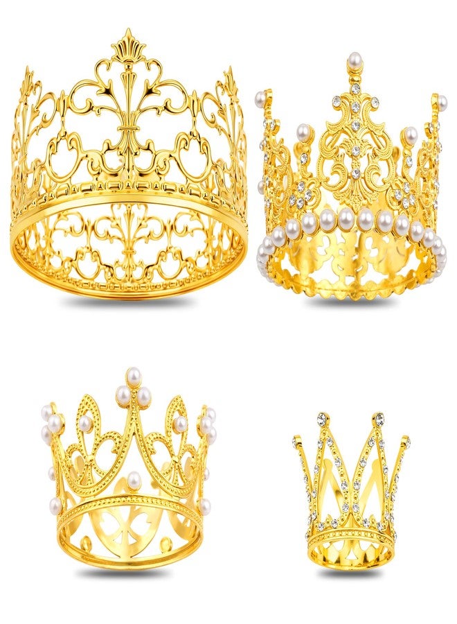 Foyods Mini Gold Crown Cake Topper - 4 Pcs Mini Crown Flower Arrangements Bouquet, Small Crystal Pearl Cupcake Toppers, Small Princess Crown Cup Cake Topper Decoration for Birthday, Wedding, Party - Image 1