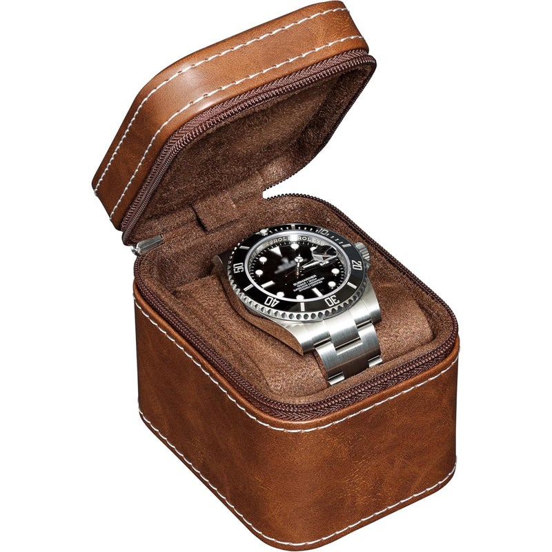 ROTHWELL Single Watch Travel Case Compact PU Leather Protective Box with Microsuede Interior Fits Watches Smartwatches Up to 55mm TanBrown - Image 2
