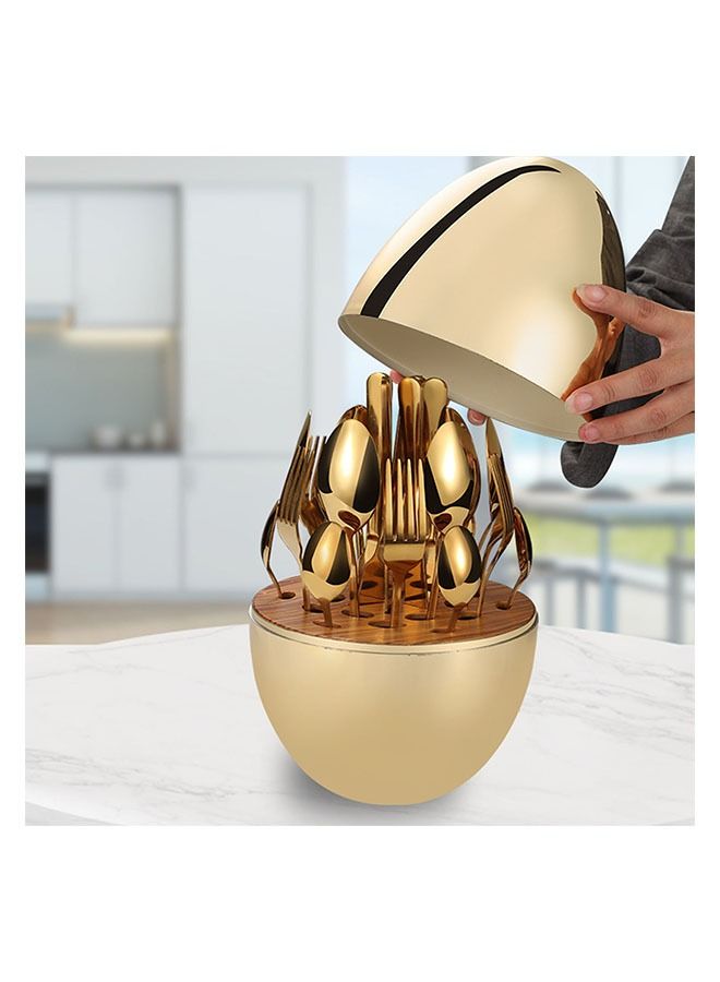 24 Pieces Stainless Steel Flatware Set with Silverware Holder Cutlery Knife Fork Spoon Egg Cutlery Box Include Knife/Fork/Spoon/Coffee Spoon Dishwasher Safety (Gold)