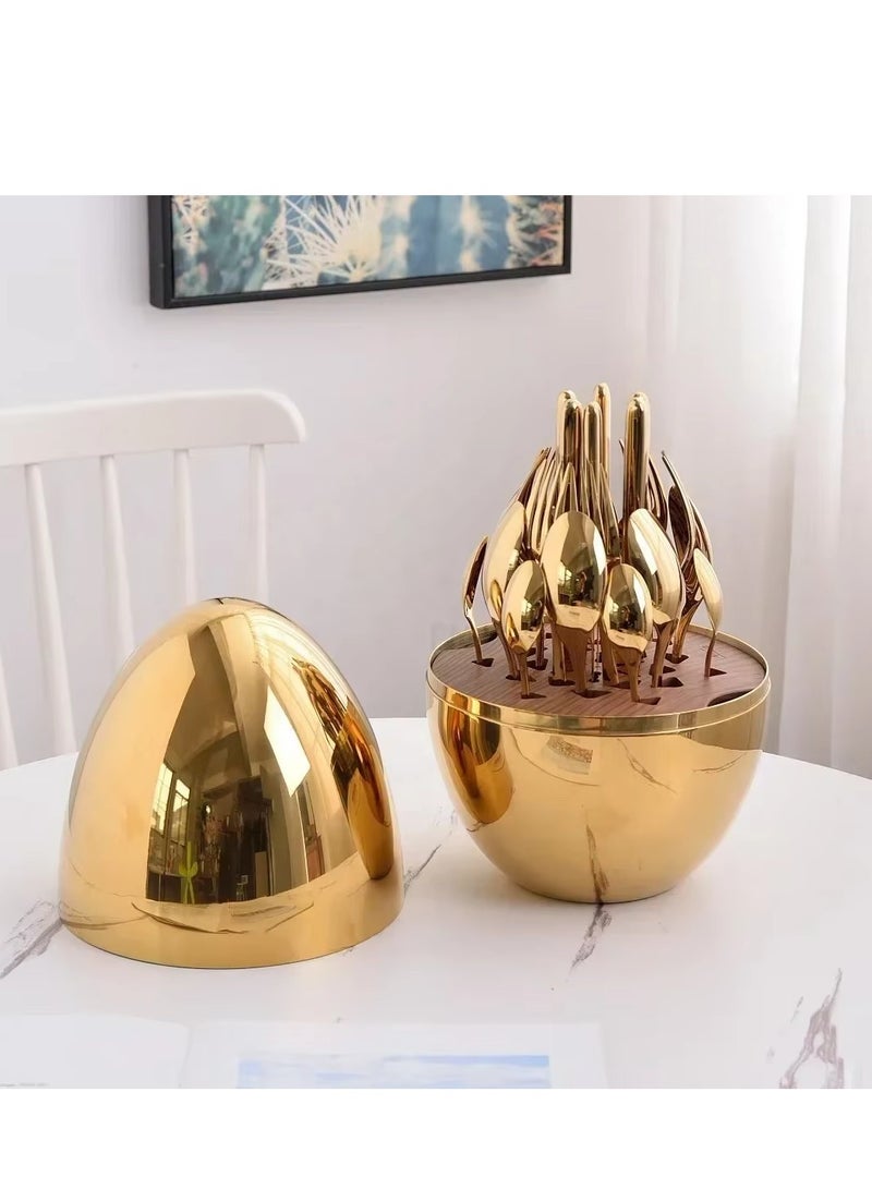 24 Pieces Stainless Steel Flatware Set with Silverware Holder Cutlery Knife Fork Spoon Egg Cutlery Box Include Knife/Fork/Spoon/Coffee Spoon Dishwasher Safety (Gold)