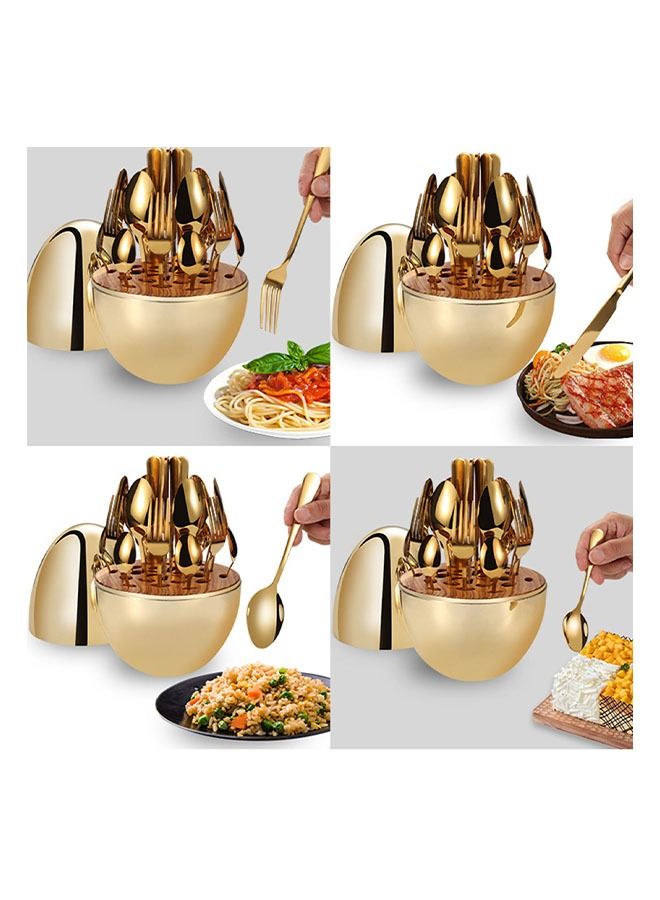 24 Pieces Stainless Steel Flatware Set with Silverware Holder Cutlery Knife Fork Spoon Egg Cutlery Box Include Knife/Fork/Spoon/Coffee Spoon Dishwasher Safety (Gold)