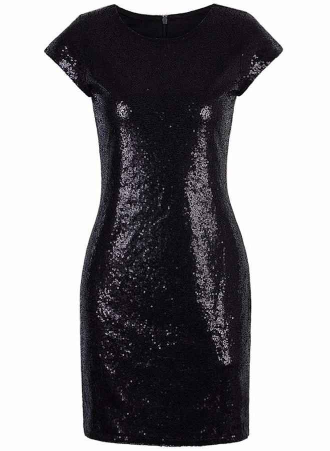 Vijiv Women's Sparkle Glitzy Glam Sequin Short Sleeve Flapper Party Club Dress, Black, M - Image 1