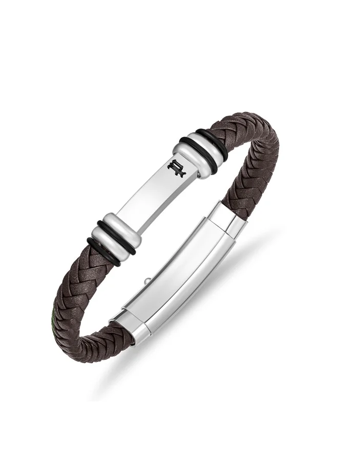 بوليس POLICE Highbridge Bracelet - Braided Brown Leather with Adjustable Stainless Steel Clip - Men's Rugged & Refined  Style