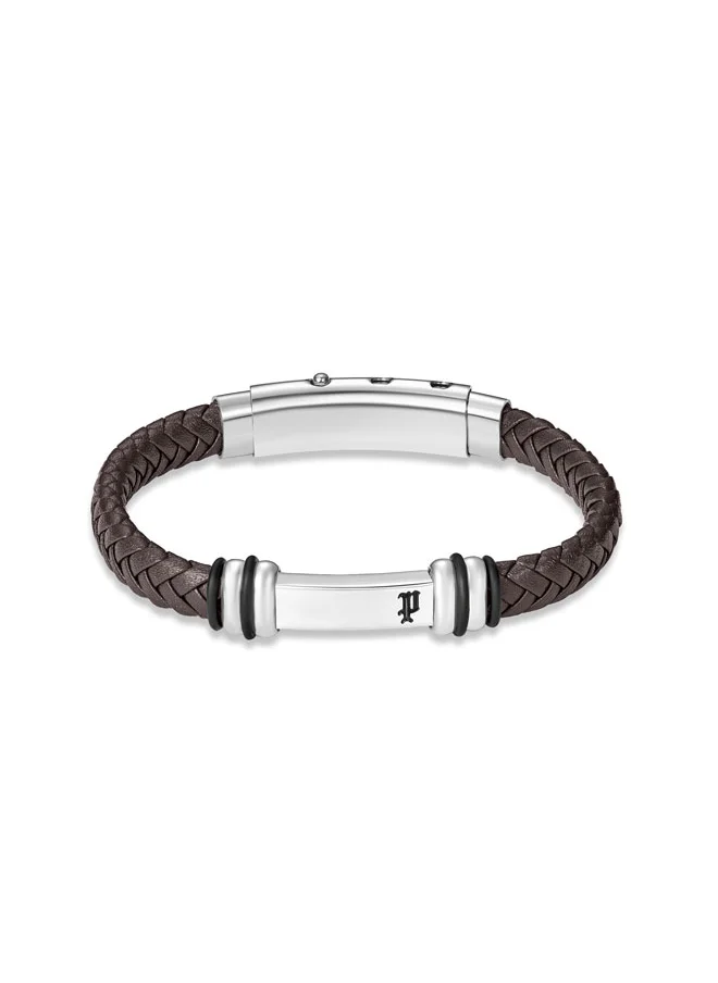 بوليس POLICE Highbridge Bracelet - Braided Brown Leather with Adjustable Stainless Steel Clip - Men's Rugged & Refined  Style