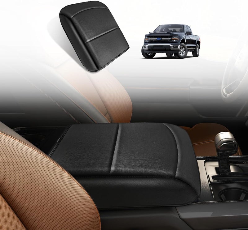 Muslogy غطاء مسند الذراع لوحة التحكم المركزية من ، متوافق مع سيارات Ford F150 للأعوام 2021-2024 و2025؛ وسادة مسند الذراع مريحة، مع حامي من الجلد النباتي، سمك أكبر بمقدار بوصة واحدة (فقط لمقاعد النوع “Bucket Seat”). - Image 1