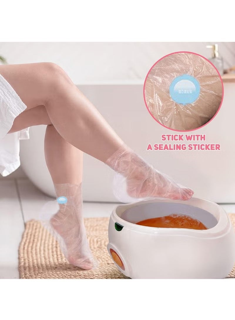 100 قطعة من الجوارب البلاستيكية الشفافة التي يمكن التخلص منها مع ملصقات وبطانات حمام القدم من شمع البارافين وأغطية حماية القدمين وجوارب سبا القدمين وأغطية العلاج الحراري للقدمين وأكياس - Image 3