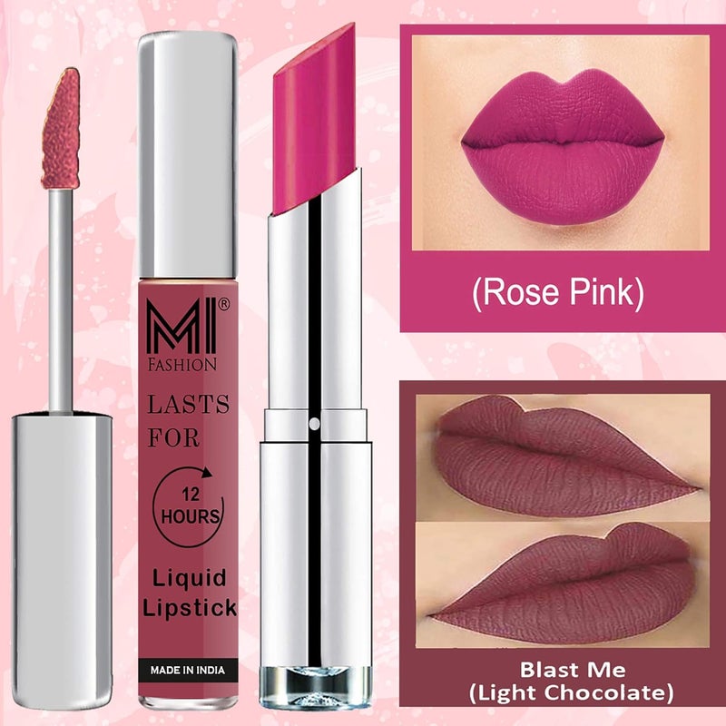 MI Fashion Made in India Lipstick Combo Offers 100 Veg Long Lasting Light Chocolate Liquid Matte Lipstick Rosy Pink Creamy Matte Lipstick - Image 3