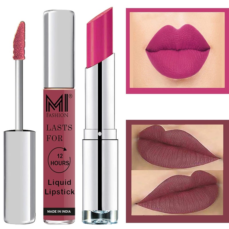 MI Fashion Made in India Lipstick Combo Offers 100 Veg Long Lasting Light Chocolate Liquid Matte Lipstick Rosy Pink Creamy Matte Lipstick - Image 1