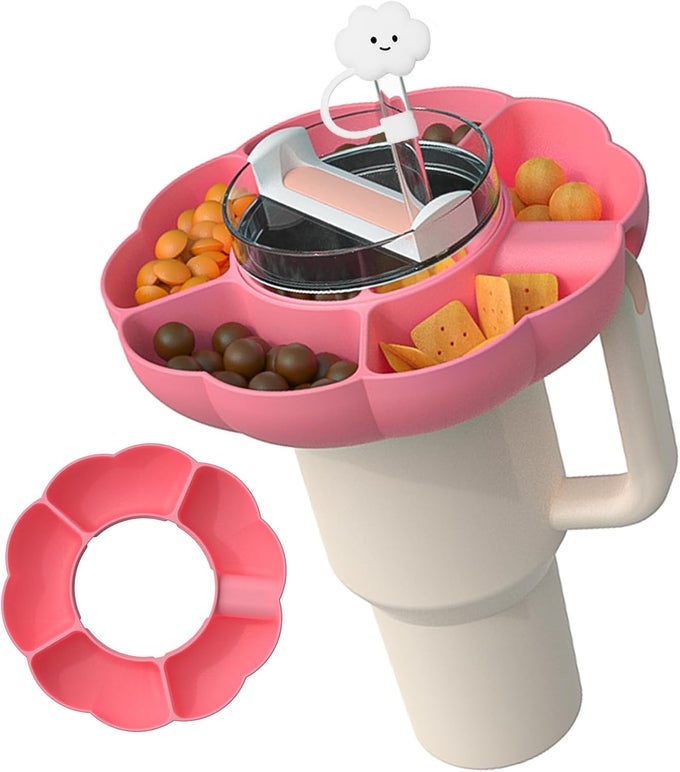 SNACK TRAY FOR STANLEY CUP 30 OZ WITH HANDLE SILICONE SNACK BOWL COMPATIBLE WITH STANLEY TUMBLER RING HOLDER TOP WITH STRAW COVER FOR STANLEY 30 OZ CUP REUSABLE PINK