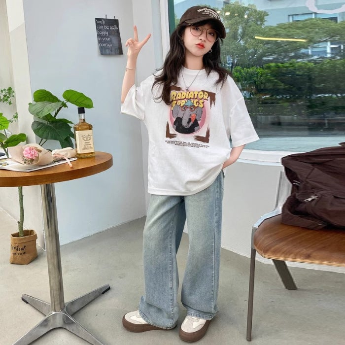 Girls' T-Shirt 2026 Style For Older Girls, Middle School Students, Printed Short-Sleeve Loose Top For Children, Trendy - Image 1