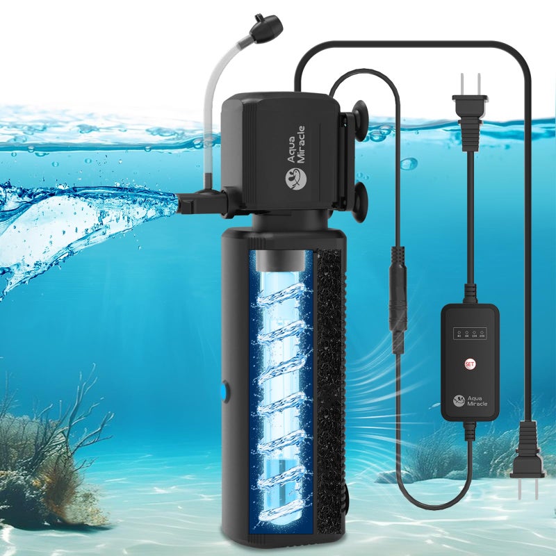 AquaMiracle Aquarium Filter with U - V Light & Filter Sponge, Fish Tank Filter with Timer for Green Water, Turtle Filter with Aeration & Rainfall Mode for Aquarium 60-150 Gallon - Image 1