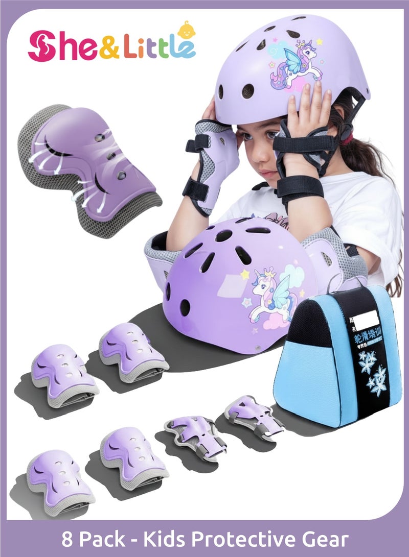 She&Little 8 Piece Kids Protective Gear Set, Unicorn Helmet with Knee Pads, Elbow Pads, Wrist Guards, Adjustable Safety Kit for Scooter, Bicycle, Skateboard, Roller Skating with Carry Bag - Image 1