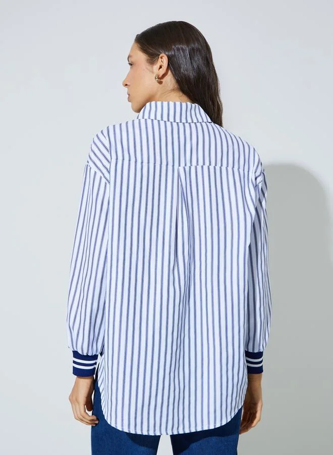 Styli Off White Multi-Color Striped Long Ribbed Cuffs Sleeve Shirt for Women | Best Price UAE