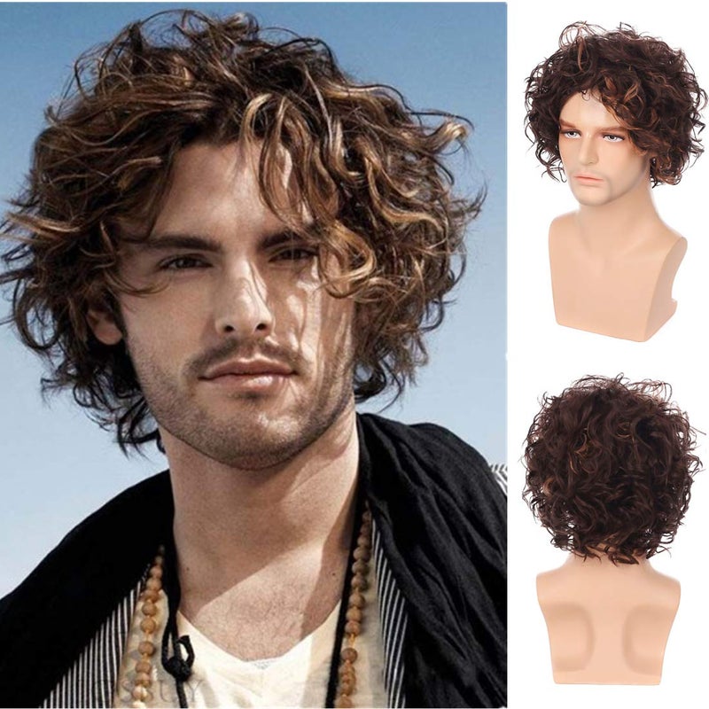 Swiking Mens Short Brown Curly Wig Fluffy with Bang Layered Halloween Costume Hair Party Cosplay Wigs for Male Brown