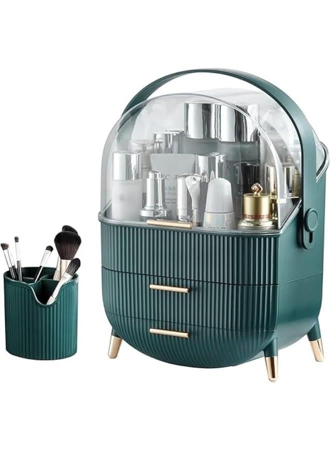 HOOKOR Makeup Organizer, Waterproof and Dustproof Cosmetics Storage Display Case with Lipstick and Makeup Brush Organizer, Portable Handle Skincare Holder for Bathroom Countertop, Dresser (Green) - Image 1