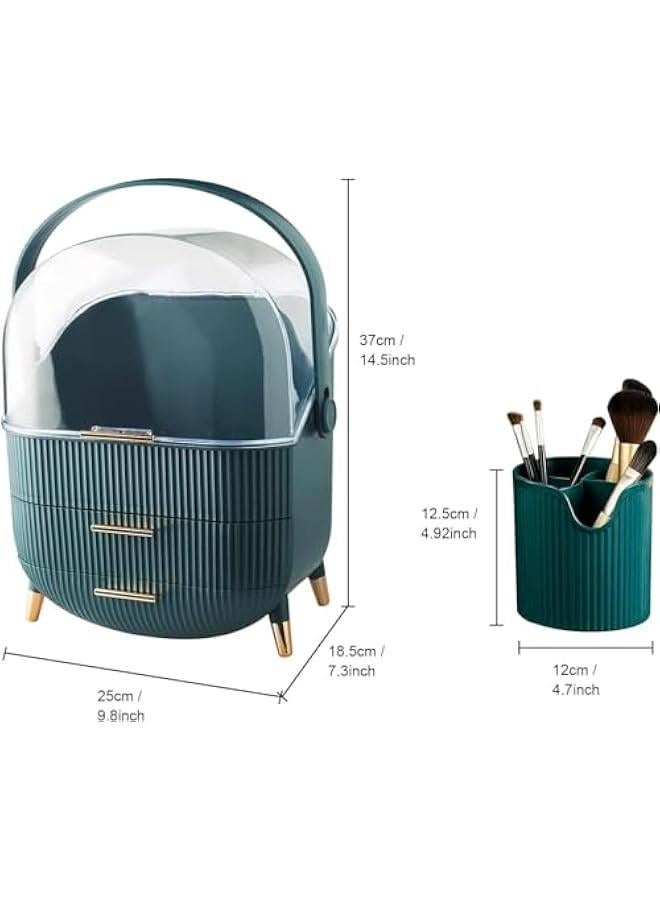HOOKOR Makeup Organizer, Waterproof and Dustproof Cosmetics Storage Display Case with Lipstick and Makeup Brush Organizer, Portable Handle Skincare Holder for Bathroom Countertop, Dresser (Green) - Image 2