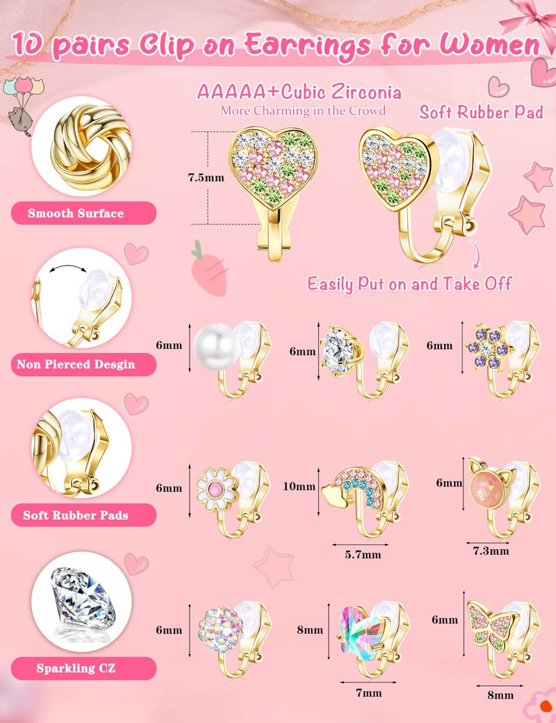 Thunaraz Valentines Earrings for Women Gold Clip On Earrings for Women Comfortable Non Pierced Pearl CZ Twist Heart Flower Butterfly Clip Earrings Set Hypoallergenic Fake Clip on Stud Earrings Jewelry G - Image 5