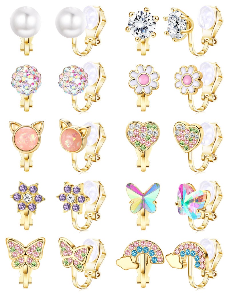Thunaraz Valentines Earrings for Women Gold Clip On Earrings for Women Comfortable Non Pierced Pearl CZ Twist Heart Flower Butterfly Clip Earrings Set Hypoallergenic Fake Clip on Stud Earrings Jewelry G - Image 1