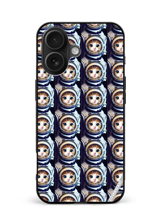 Protective Case Cover For Apple iPhone 16 Plus Cat Face Inside Astronauts Helmet Pattern Design Multicolour