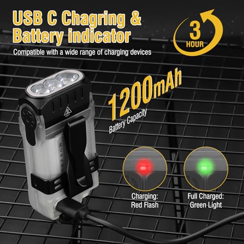 BORUIT V15 LED Small Powerful EDC Flashlight with Warm White Red Light,Bright 1200LM USB C Rechargeable 10 Modes Mini Pocket Keychain Flash Light with Clip,IP67 Waterproof,80°Head Swivels,Tail Magnet - Image 4