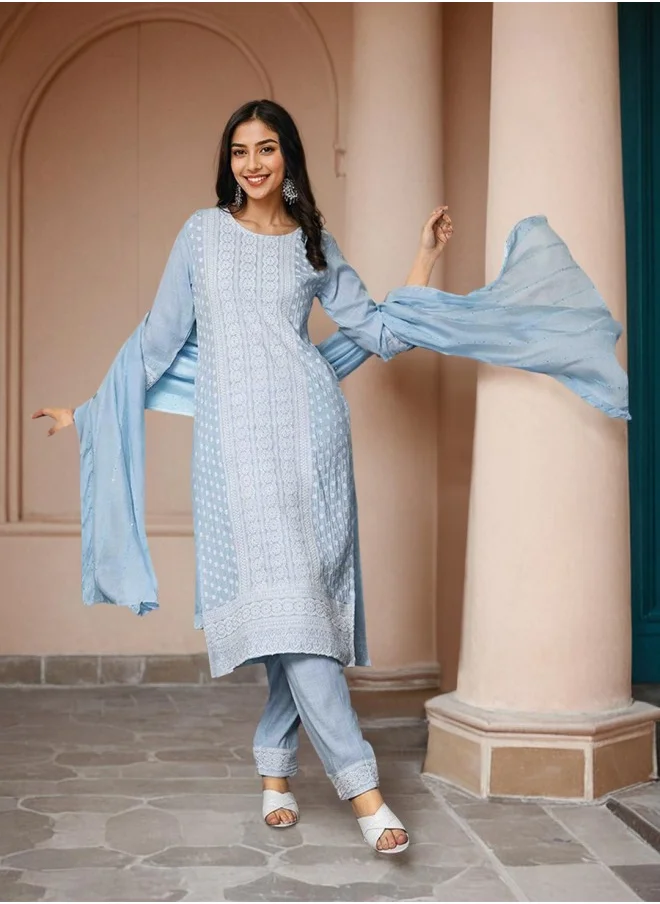 ISHIN Straight Fit Embroidered Pattern Round Neck Three-Quarter Sleeves Sky Blue Colour Woven Cotton Kurta Set for Women with Semi Elastic Closure - An Ideal Pick for Any Occasion