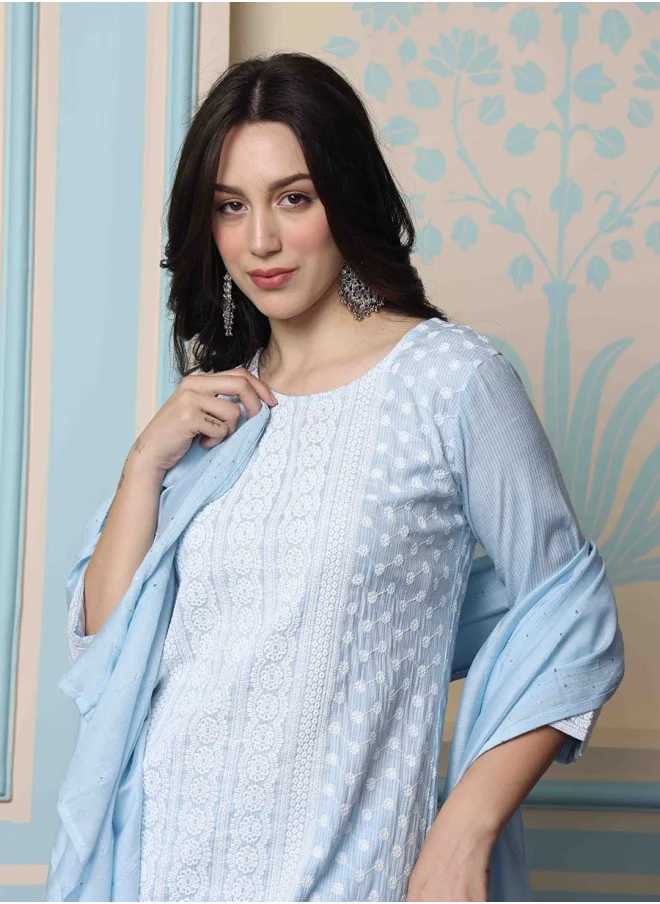 ISHIN Straight Fit Embroidered Pattern Round Neck Three-Quarter Sleeves Sky Blue Colour Woven Cotton Kurta Set for Women with Semi Elastic Closure - An Ideal Pick for Any Occasion