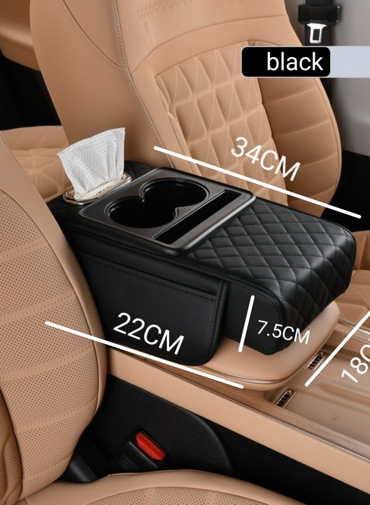 Car Convenience Mat, 4-in-1 Center Console Cover with 2 Storage Bags Cup Holders, Tissue Box Slot, Mobile Phone Slot, Car Accessories Storage (Black) - Image 1