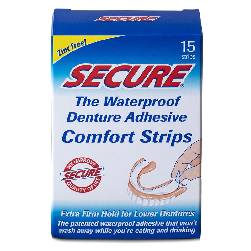 secure Secure Comfort Strips Waterproof Denture Adhesive - Zinc Free - Extra Firm Hold For Lower Dentures - 15 Strips - Image 1