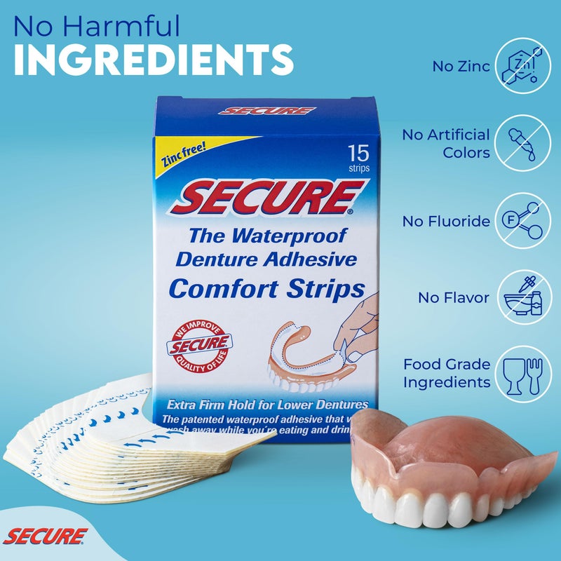 secure Secure Comfort Strips Waterproof Denture Adhesive - Zinc Free - Extra Firm Hold For Lower Dentures - 15 Strips - Image 2