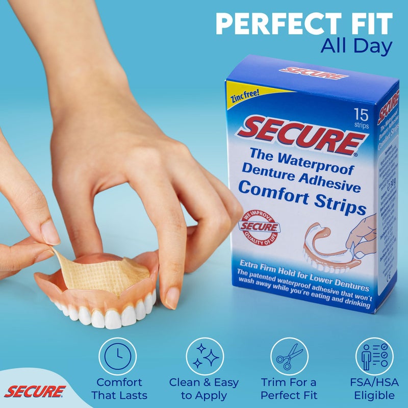 secure Secure Comfort Strips Waterproof Denture Adhesive - Zinc Free - Extra Firm Hold For Lower Dentures - 15 Strips - Image 3