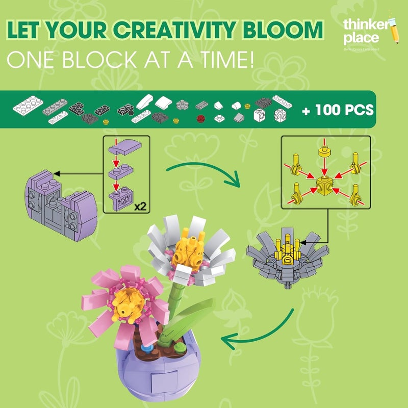ThinkerPlace 8-in-1 Flowers Galsang Flower (100 Pieces) | Learn About Plant Kingdom | Building Block Set for Kids Age 6+ | STEM Educational Toy | Build, Collect & Create Flower Pen Stand - Image 2