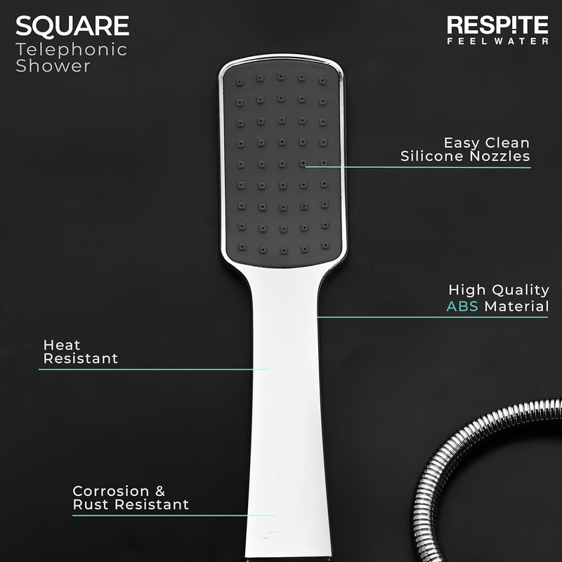 RESPITE Telephonic Shower | Rain Hand Shower | Handheld showers with 1.5 Meter Flexible Tube and Wall Hook, ABS Chrome Finish SQUARE - Image 2