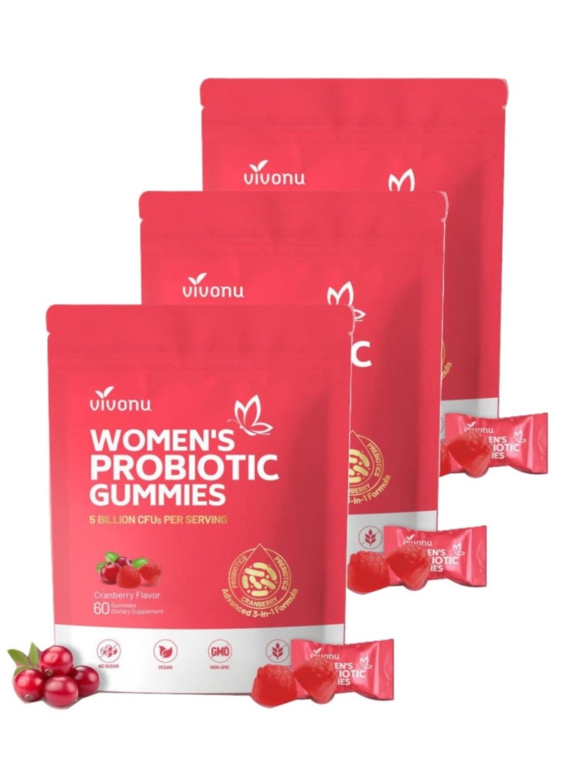 VivoNu 3-PACK Women’s Probiotic Gummies – Vaginal pH Odor Balance, Yeast Flora Support, with Cranberry Vitamin C, 60 Count - Image 1