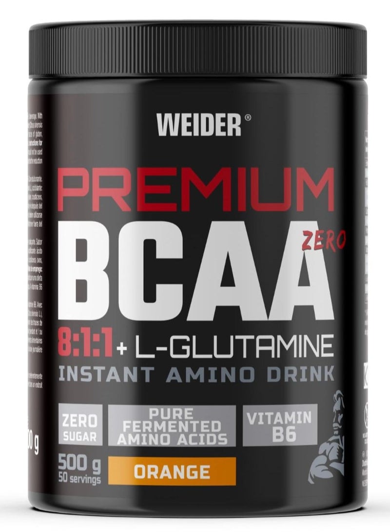 Weider Premium BCAA Zero 8:1:1 + L-Glutamine - Orange 500g, High Leucine Ratio Amino Acid Supplement
