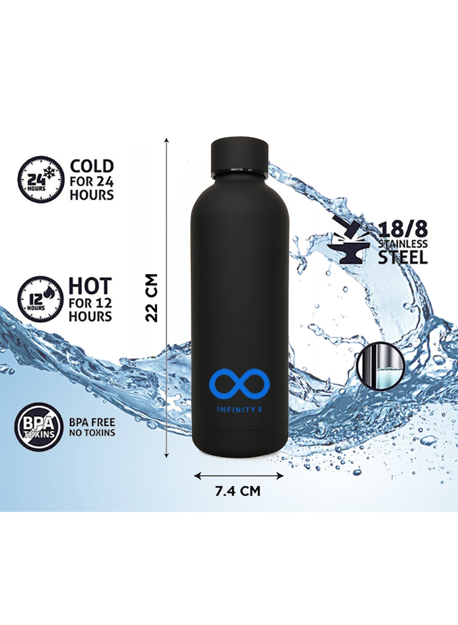 Water Bottle, Flask, Tumbler, Double Wall Vacuum Insulated Stainless Steel 500 ML, 17 OZ, Leakproof, BPA Free, keeps drinks cold or hot, perfect for school, office, gym and sports drinks, Matte Black 