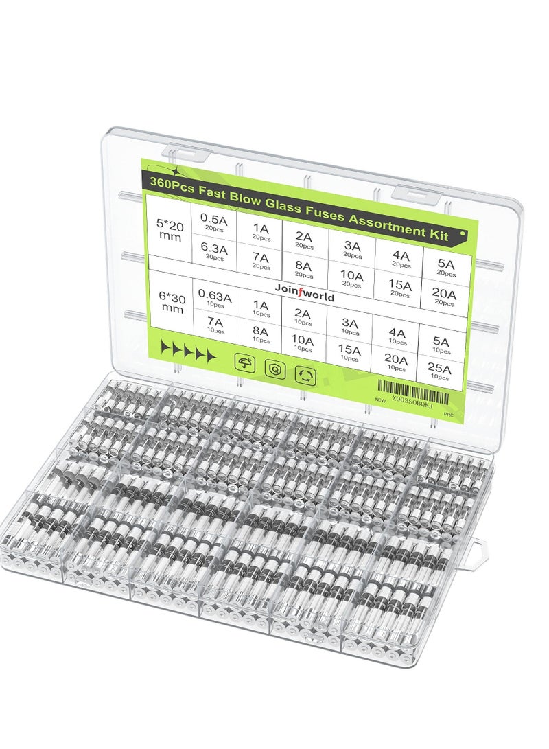 360 PCS 24 Values Fast-Blow Glass Fuses Assortment Kit, 250V 0.5A 0.63A 1A 2A 3A 4A 5A 6.3A 7A 8A 10A 15A 20A 25A 5x20mm & 6x30mm Glass Tube Fuses, Packag in a Clear Plastic Box - Image 1