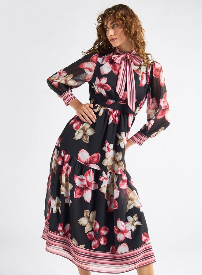 سبلاش فيڤ فستان قميص بطبعات أزهار وأكمام طويلة وأربطة - Image 1