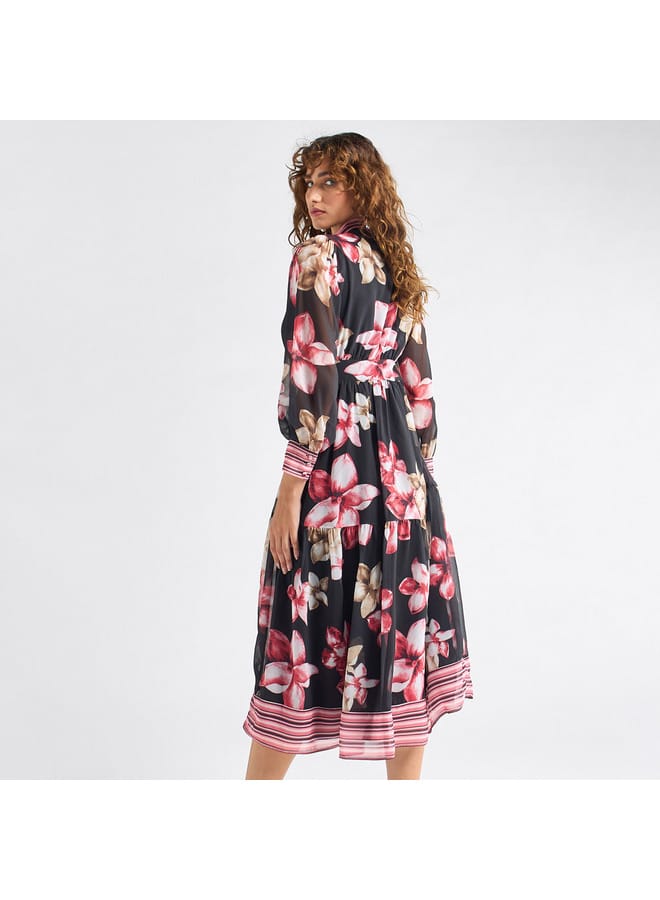 Splash FAV All-Over Floral Print Shirt Dress with Tie-Ups and Long Sleeves - Image 3