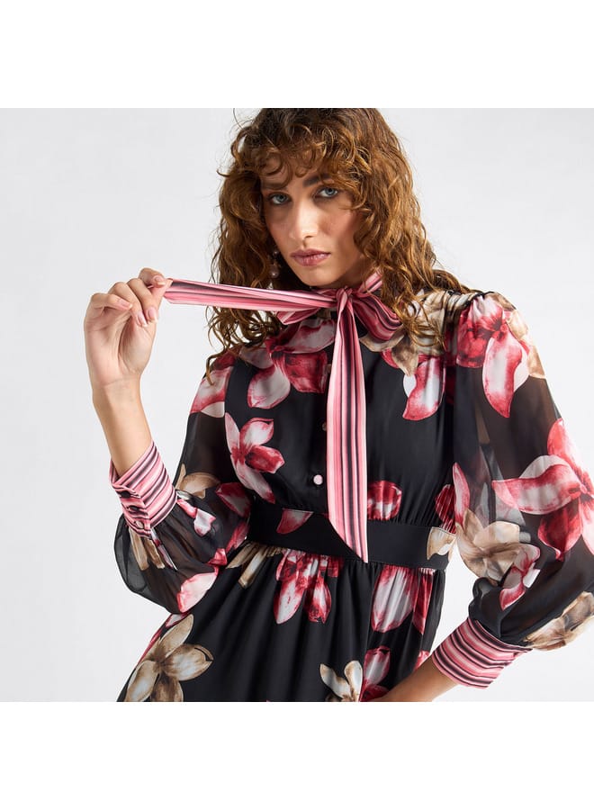 Splash FAV All-Over Floral Print Shirt Dress with Tie-Ups and Long Sleeves - Image 4
