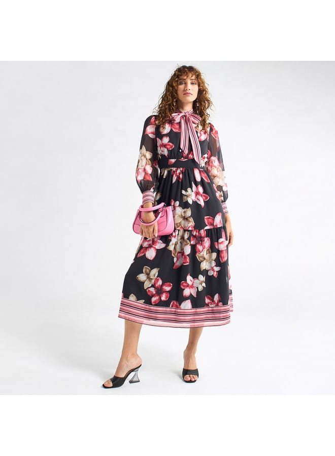 Splash FAV All-Over Floral Print Shirt Dress with Tie-Ups and Long Sleeves - Image 2